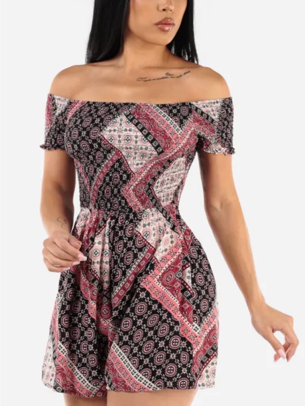 Active USA Navy and Peach Patchwork Print Short Sleeve Dress